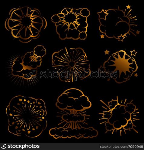 Golden explosion clouds. Comic smoke rings vector set collection illustration. Explosion clouds. Comic smoke rings vector set
