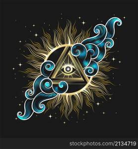 Golden Eye of Providence Inside Pyramid in a Sky and stars isolated on black. Vector illustration.. All seeing Eye Inside the Sun in a Skies Tattoo