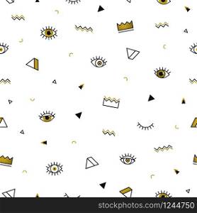 Golden eyes pattern with crown and geometric shapes in memphis style. Fashion background in 80s. Minimal design. Closed and open eyes in gold. Triangle, zigzag. Line art. Golden eyes pattern with crown and geometric shapes in memphis style. Fashion background in 80s. Minimal design. Closed and open eyes in gold. Triangle, zigzag. Line art.