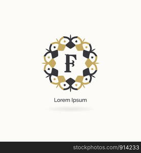 Golden F letter logo design. Luxury letter F monogram. Cosmetics and beauty product mandala illustration..