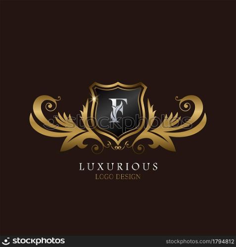 Golden F Logo Luxurious Shield, creative vector design for luxury brand identity.