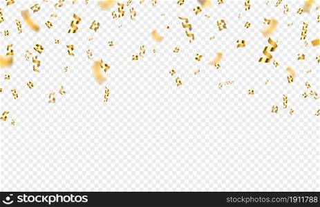 Golden falling 3d confetti, party or celebration background. Gold flying award tinsel, ribbon and glitter. Holiday festive vector decoration. Sparkling and shining decor for birthday greeting. Golden falling 3d confetti, party or celebration background. Gold flying award tinsel, ribbon and glitter. Holiday festive vector decoration