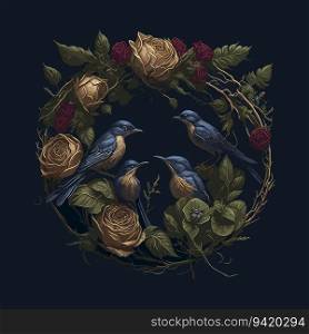 Golden Fantasy Birds  Whimsical Art with Circle, Small Roses, Thin Wreath, and Twigs