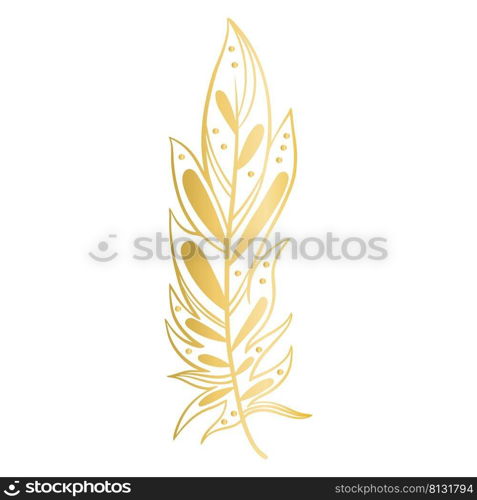  Golden feather graceful beautiful decoration isolated vector illustration. Ornate painted bird feather for design. Silhouette boho element. Calligraphic symbol of writing and literature