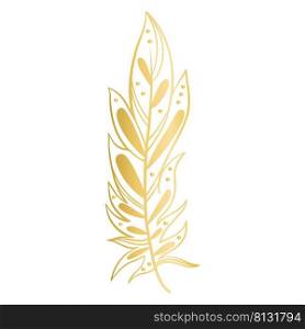  Golden feather graceful beautiful decoration isolated vector illustration. Ornate painted bird feather for design. Silhouette boho element. Calligraphic symbol of writing and literature