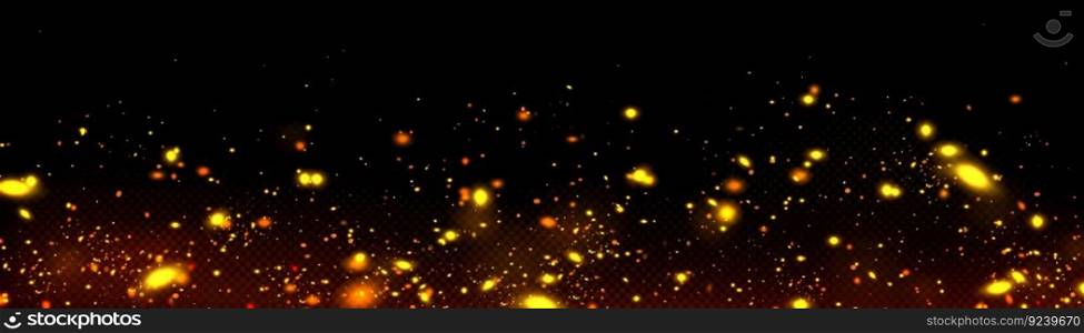 Golden firefly light with fairy dust. Magic glow isolated vector effect. Night bokeh glowworm spark≤texture isolated on dark transparent background. Beautiful flare overlay with glitter partic≤. Golden firefly light, magic glow effect vector