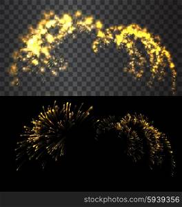 Golden firework exploed on black sky. Golden firework explodes on black sky and transparent background - vector illustration