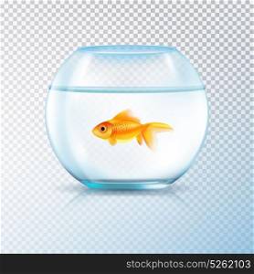 Golden Fish Bowl Realistic Transparent . Round wall water tank bowl aquarium with single golden fish realistic image on transparent background vector illustration