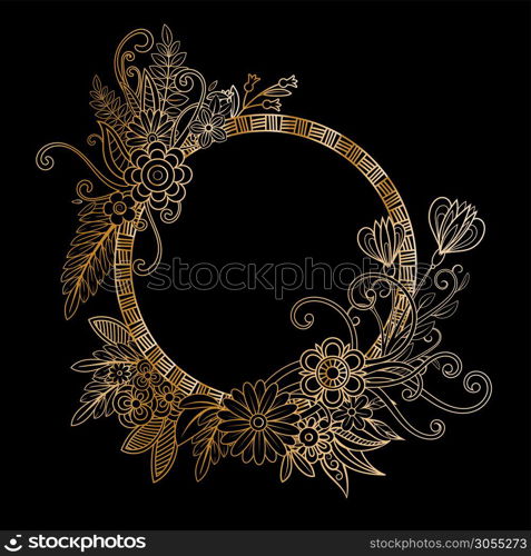 Golden floral frame template. Flowers and plants round frame. Design element with space for your text. Vector illustration.. Golden Floral Frame