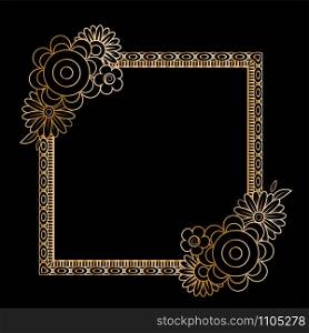 Golden floral frame template. Flowers and plants squarer frame. Design element with space for your text. Vector illustration.. Golden Floral Frame