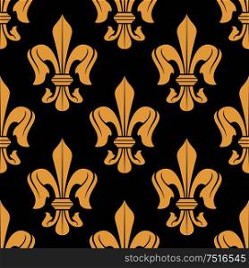Golden floral heraldic fleur-de-lis seamless pattern on black background. Luxury wallpaper or fabric design usage. Golden floral heraldic seamless pattern