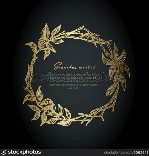 Golden flower circle frame illustration template made from various flowers - funeral card template