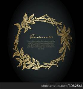 Golden flower circle frame illustration template made from various flowers - funeral card template
