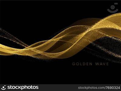 Golden flowing wave with sequins glitter dust isolated on black background. Vector illustration EPS10. Golden flowing wave with sequins glitter dust isolated on black background. Vector illustration