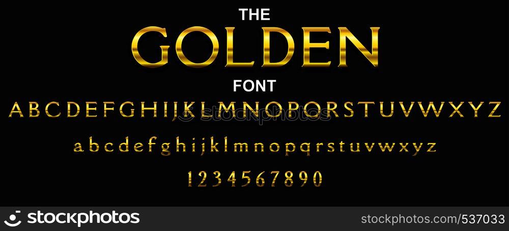 Golden font and alphabet with numbers. Vector typography letter design.