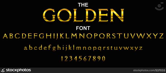 Golden font and alphabet with numbers. Vector typography letter design.