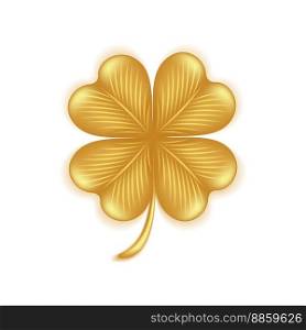 Golden four leaf clover, Irish national symbol for Happy St. Patrick’s Day. Gold leaf isolated on white background. Vector illustration.. Golden four leaf clover for Happy St. Patricks Day