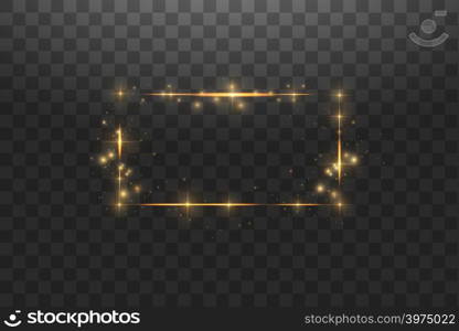 Golden frame with lights effects,Shining luxury banner vector illustration. Glow line golden frame with sparks and spotlight light effects. Shining rectangle banner isolated on black transparent background.. Golden frame with lights effects,Shining luxury banner vector illustration. Glow line golden frame with sparks and spotlight light effects. Shining rectangle banner isolated on black transparent background