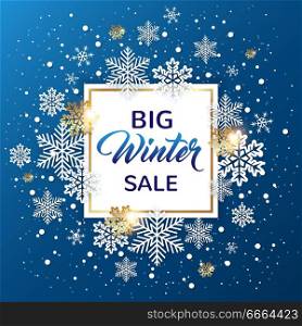 Golden frame with white snowflakes on a blue background. Design for winter seasonal Christmas sale. Vector illustration.