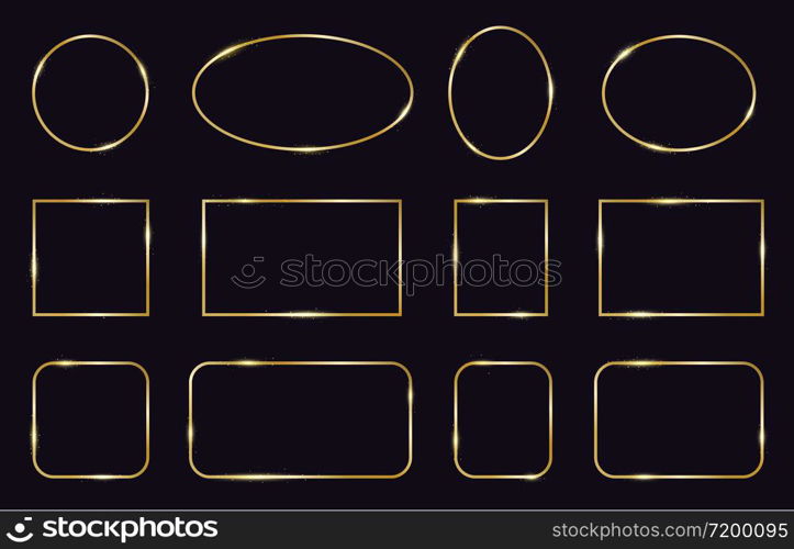 Golden frames. Modern gold geometric frames, elegant gold glowing borders. Decorative, modern lines frame vector isolated icons set. Square and oval shape, wedding template frame illustration. Golden frames. Modern gold geometric frames, elegant gold glowing borders. Decorative, modern lines frame vector isolated icons set