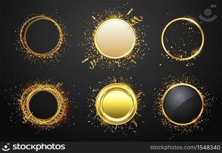 Golden frames with confetti. Glaring and shining borders in luxury style. Empty space for text. Modern circle frame with gold tapes isolated set for advertisement vector illustration. Golden frames with confetti. Glaring and shining borders in luxury style. Empty space for text. Circle frame