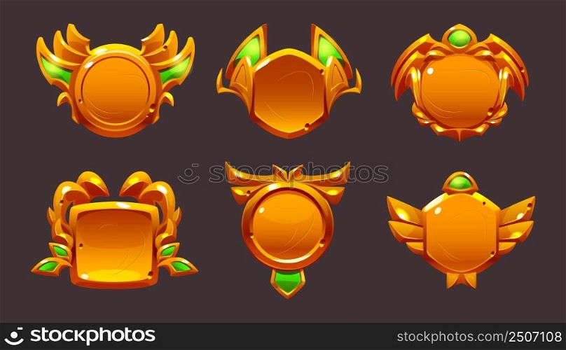 Golden game award badges, level ui icons. Empty gold frames, banners with wings, gemstones and laurel wreaths. Isolated bonus graphic elements, reward, trophy achievement and prize Cartoon vector set. Golden game award badges, level ui icons, prize