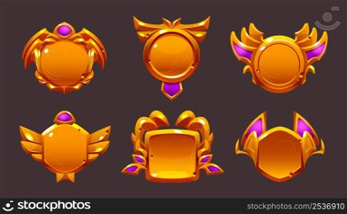 Golden game award badges, level ui icons. Empty gold frames, banners with wings and pink decor. Isolated medieval style bonus graphic elements, reward, trophy achievement and prize Cartoon vector set. Golden game award badges, level ui icons, frames