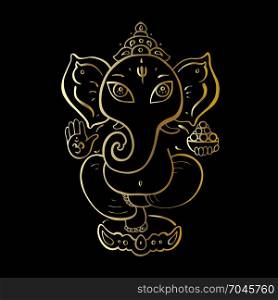 Golden Ganapati Meditation in lotus pose. Hindu God Ganesha. Golden Ganapati. Vector hand drawn illustration. Meditation in lotus pose