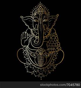 Golden Ganapati Meditation in lotus pose. Hindu God Ganesha. Golden Ganapati. Vector hand drawn illustration. Meditation in lotus pose