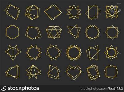 Golden geometric flat frames set. Abstract geometric shapes, elegant gold hexagonal elements and circle forms vector illustration collection. Classic ornaments and decoration concept