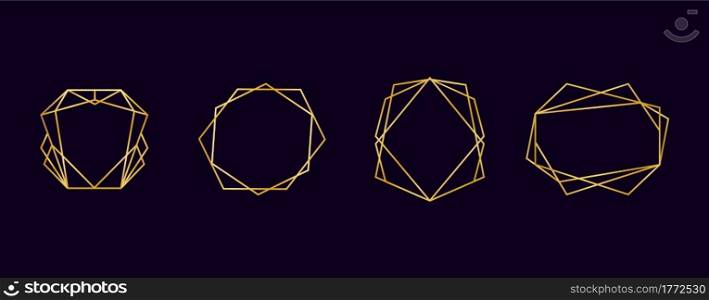 Golden geometric polyhedron frames. Gold art deco abstract line borders. Isolated luxury templates set. Decorative elegant elements for wedding invitations. Vector premium vintage framing on black. Golden geometric polyhedron frames. Gold art deco abstract borders. Isolated luxury templates set. Decorative elements for wedding invitations. Vector premium vintage framing on black