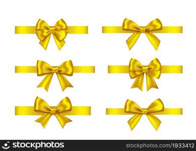 Golden gift bows set isolated on white background. Christmas, New Year, birthday gold decoration. Vector realistic decor element for banner, greeting card, poster.