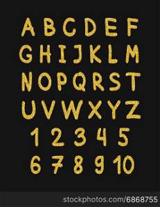 Golden glitter alphabet. Golden glitter alphabet. Handdrawn glowing vector font.