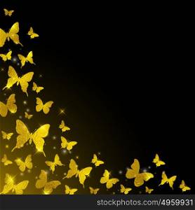 Golden glitter butterflies on a black background.