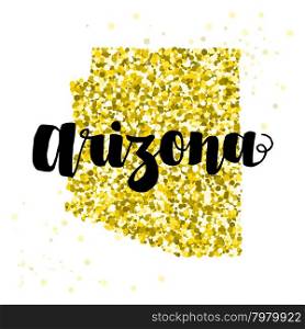 Golden glitter illustration of the state of Arizona with modern lettering