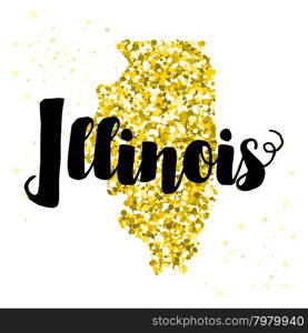 Golden glitter illustration of the state of Illinois with modern lettering