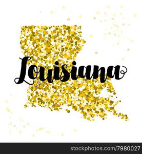 Golden glitter illustration of the state of Louisiana with modern lettering