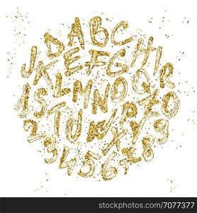 Golden glitter text in a round composition with glitter sprinkled