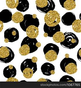 Golden glitter texture with hand draw black,golden, circles seamless pattern in gold style . Vector design. Celebration metallic background.. Golden glitter texture with hand draw black,golden, circles seam surface pattern