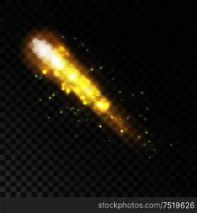 Golden glittering comet with sparkling light trail. Shining sparks and particles of shooting star on transparent background. Golden glittering comet light trail