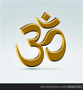 Golden glossy om indian symbol hanging in the air over light background