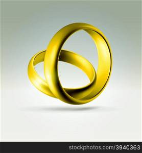 Golden glossy wedding band simple curved couple of rings hanging in light space