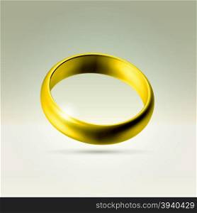Golden glossy wedding band simple curved ring hanging in light space