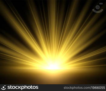 Golden glow of sun rays. Yellow light isolated on black background. Golden bright sunlight, transparent starburst, morning sunrise, evening sunset. Sunny weather backdrop vector realistic illustration. Golden glow of sun rays. Yellow light isolated on black background. Golden bright sunlight, transparent starburst, morning sunrise. Sunny weather backdrop vector realistic illustration