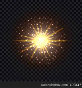 Golden glowing light flash effect isolated. Sun shining flare with glittering sparkles and dust particles. Vector illustration