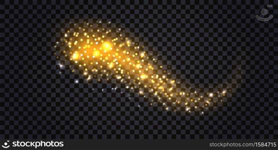 Golden glowing swirl with glitter fire trail and light effect. Shiny luminous stardust and flying particles. Isolated element on transparent background, vector illustration