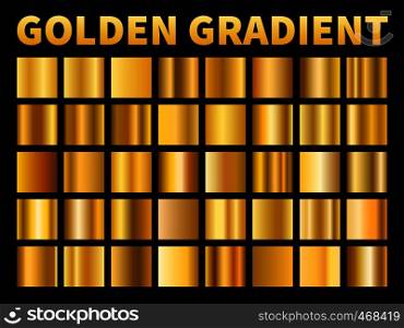 Golden gradients. Gold squares metal gloss gradient swatches, empty reflection metallic yellow plate frame, label texture or award foil ribbon. Vector set. Golden gradients. Gold squares metal gloss gradient swatches, empty metallic yellow plate frame, label texture. Vector set