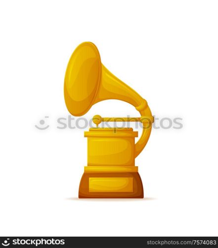 Golden gramophone award, trumpet and needle. Glossy winner trophy phonograph on white, 3D old audio player cup, musical ceremony and prize vector. Golden Gramophone Award, Trumpet and Needle Vector