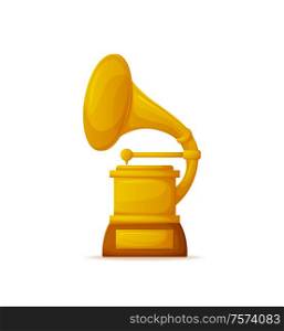 Golden gramophone award, trumpet and needle. Glossy winner trophy phonograph on white, 3D old audio player cup, musical ceremony and prize vector. Golden Gramophone Award, Trumpet and Needle Vector
