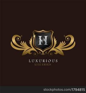 Golden H Logo Luxurious Shield, creative vector design for luxury brand identity.